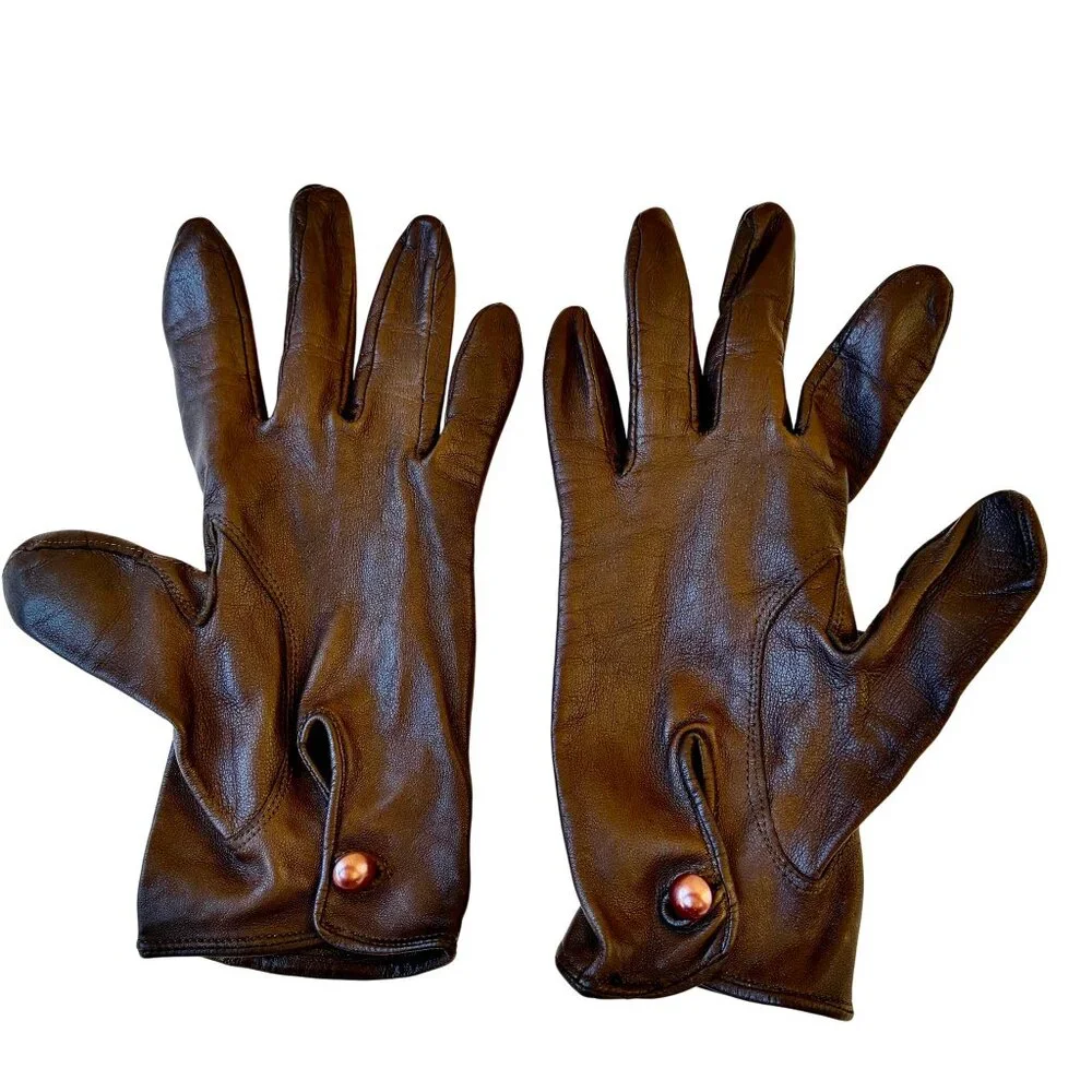 Vintage Brown Leather Gloves Unlined Button Wrist WASHABLE Womens 7.5